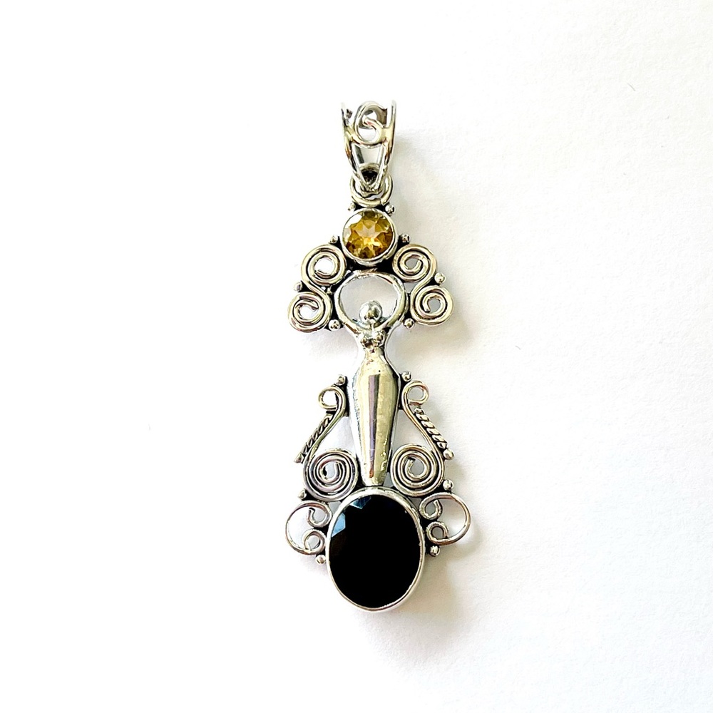 New Sterling Onyx & Citrine Gemstone Pendant 925